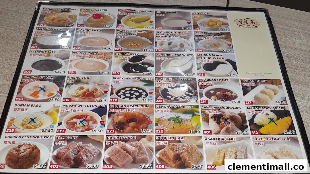A comprehensive menu from Mei Heong Yuen Dessert, showcasing a variety of traditional Chinese sweet and savory items.
