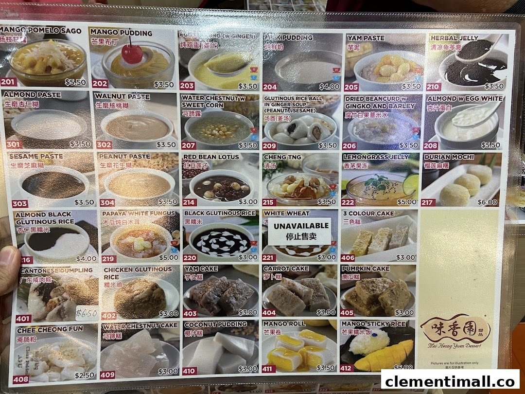 A detailed menu displaying a variety of traditional Asian desserts with prices and images.