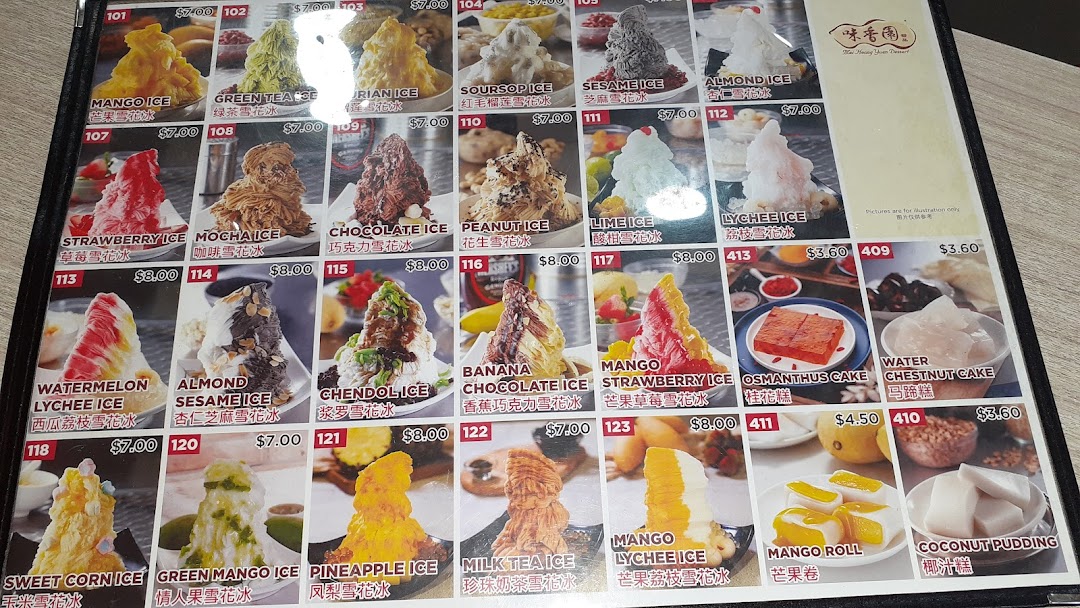 A vibrant menu showcasing a variety of refreshing shaved ice desserts and traditional Asian sweets.