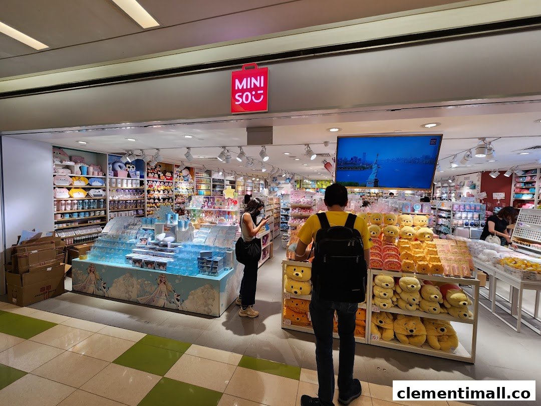 The vibrant MINISO shop entrance, showcasing a wide array of affordable lifestyle products and shoppers.