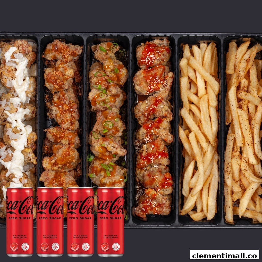 A variety of fried chicken flavors, golden fries, and Coca-Cola Zero Sugar cans in a meal set.