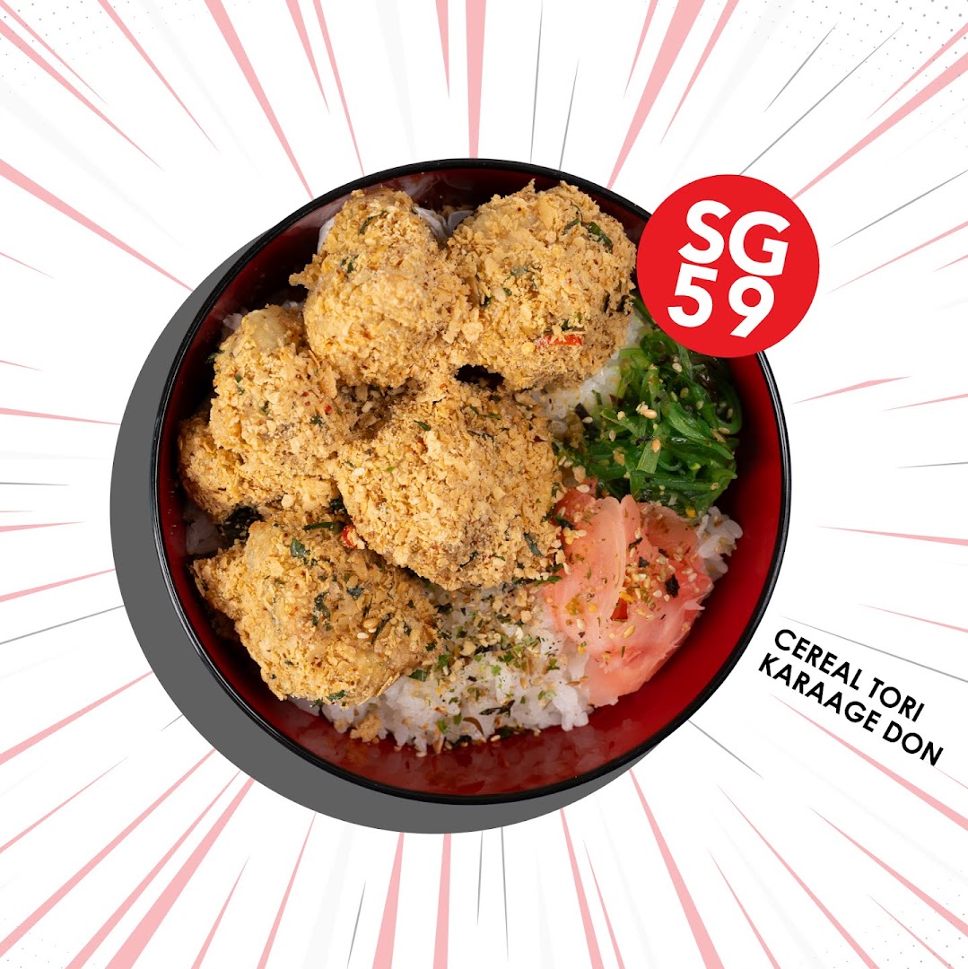 A vibrant top-down view of a Cereal Tori Karaage Don bowl with rice, seaweed, and ginger.