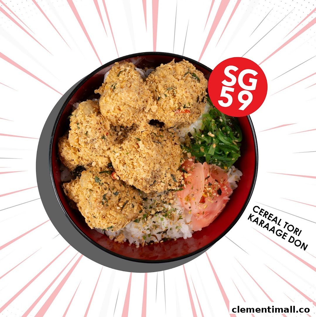 A vibrant top-down view of a Cereal Tori Karaage Don bowl with rice, seaweed, and ginger.