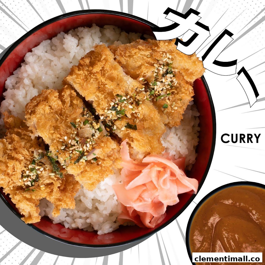A vibrant image of crispy katsu over rice with pickled ginger and a side of rich curry.