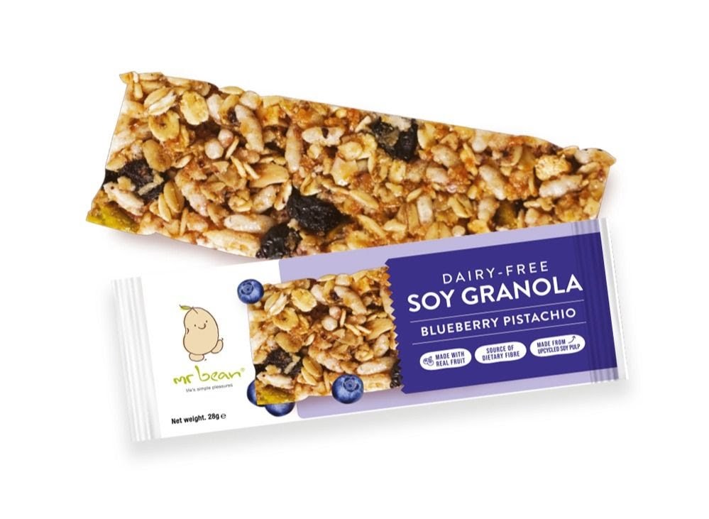 A Mr Bean Dairy-Free Soy Granola bar (Blueberry Pistachio) and its packaging.