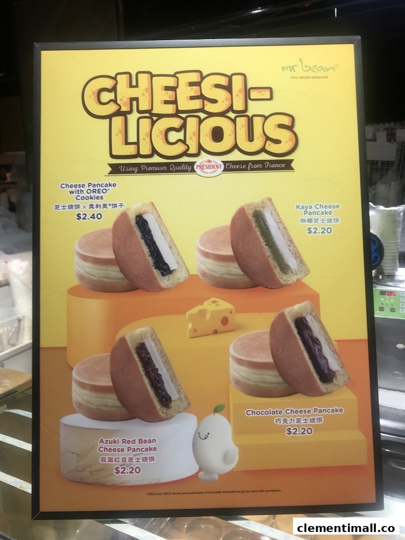 A promotional poster from Mr Bean showcasing their 'Cheesi-licious' range of cheese pancakes.
