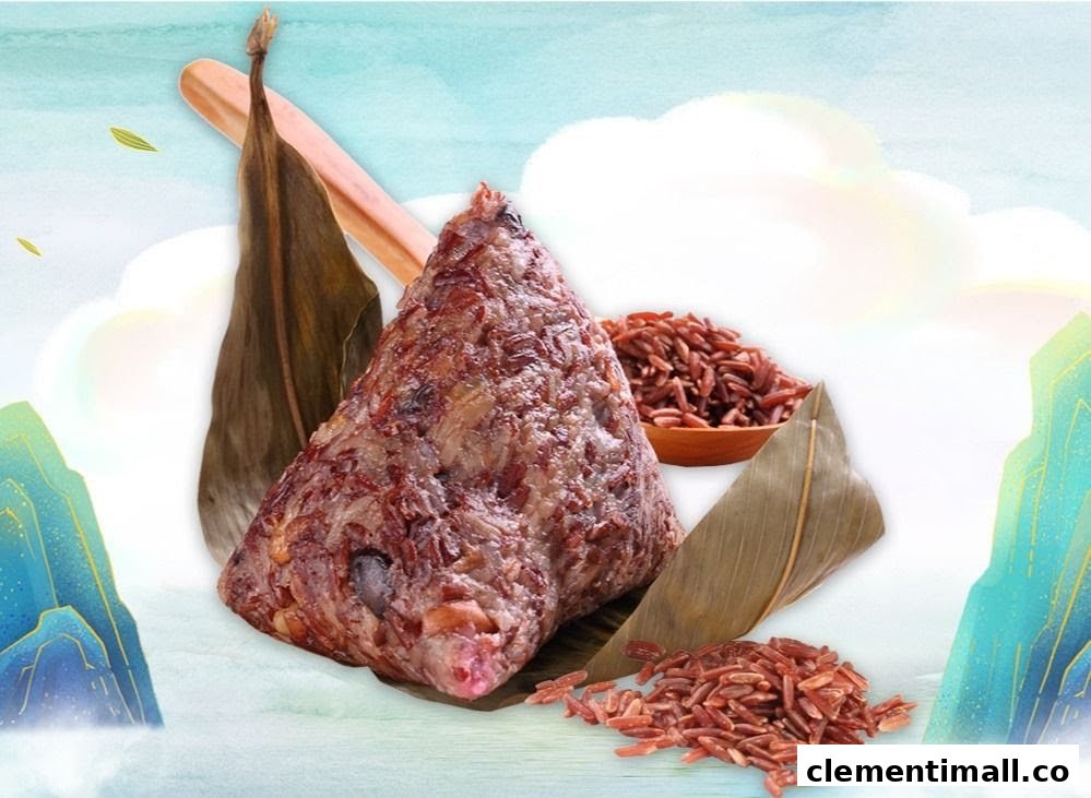 A traditional Zongzi (rice dumpling) with red rice grains on a stylized background.