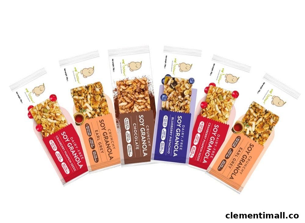 A vibrant display of Mr Bean's diverse soy granola bar flavors.