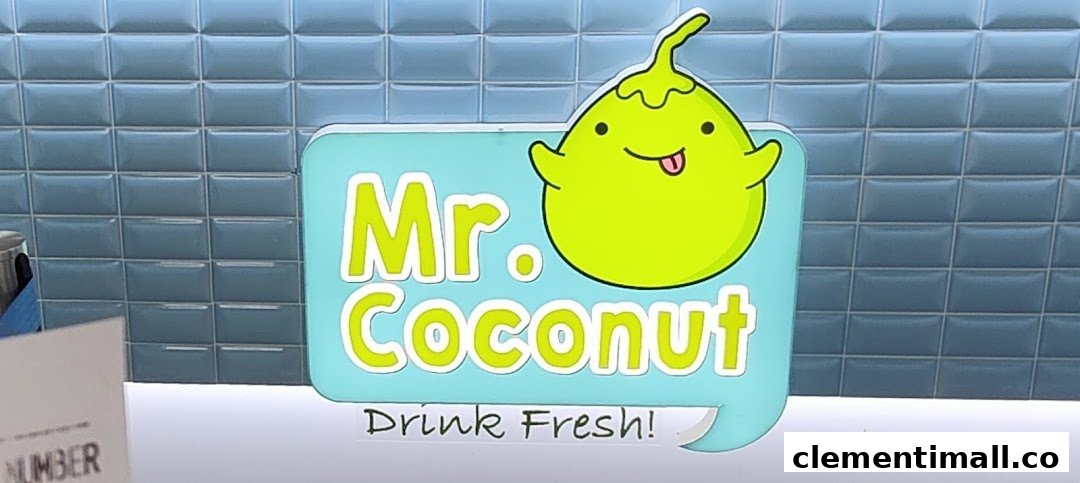 Close-up of the vibrant Mr Coconut shop logo featuring a cheerful coconut character and tagline.