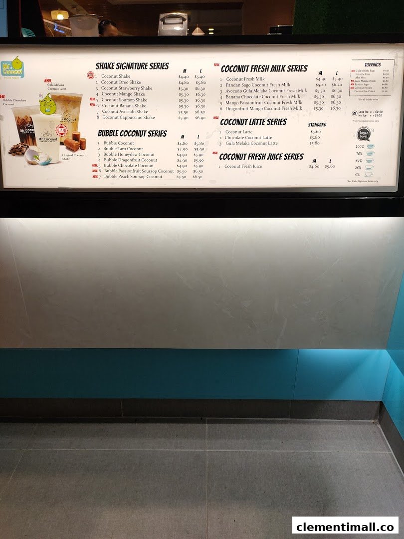 A detailed menu board displaying various coconut-based drinks and toppings at Mr Coconut.