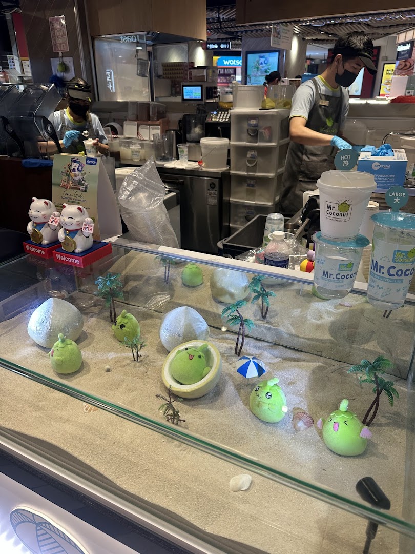 Staff prepare fresh coconut drinks behind a counter with a fun, beach-themed display at Mr Coconut.