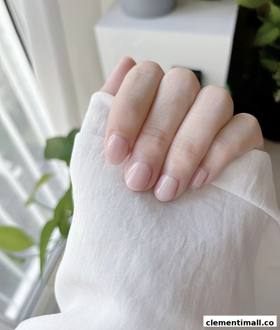 A hand showcasing a fresh, natural-looking manicure with a subtle, glossy finish.