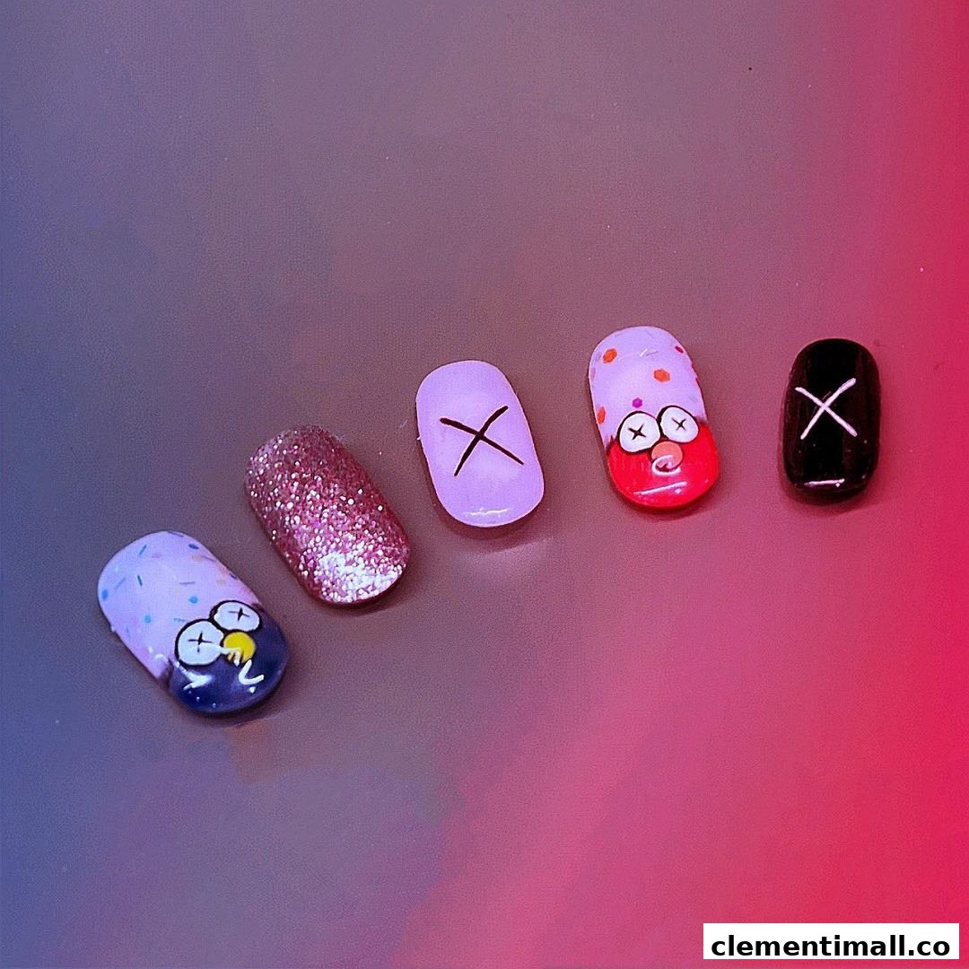 Close-up of five artificial nails showcasing diverse and creative nail art designs, including glitter and cartoon characters.