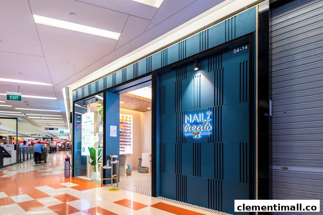 The vibrant blue entrance of Nailz Treats, a nail salon, located within The Clementi Mall.