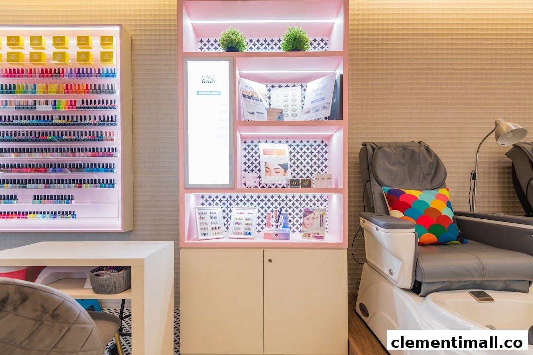 Interior view of Nailz Treats, featuring colorful nail polish displays, a service menu, and a pedicure station.