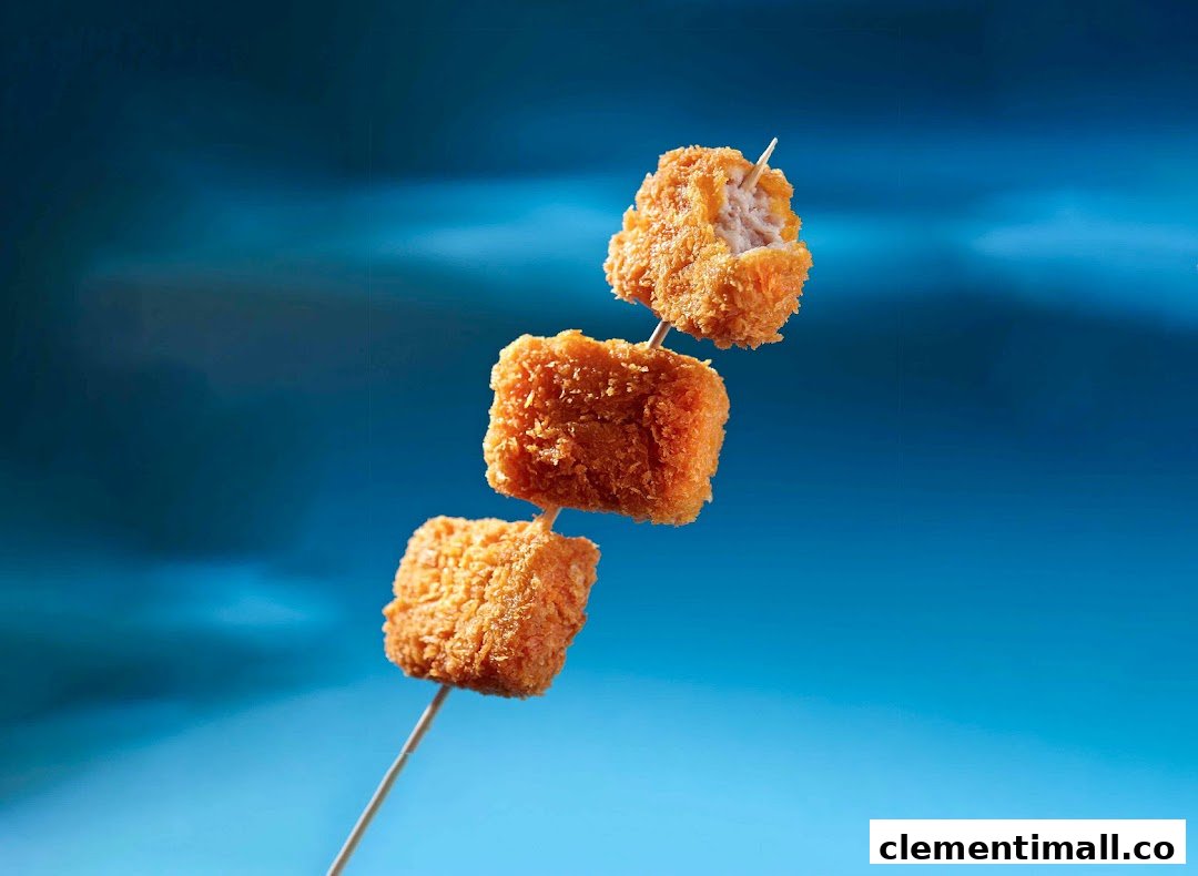 Three golden-fried nuggets on a skewer against a vibrant blue background, with one bitten.