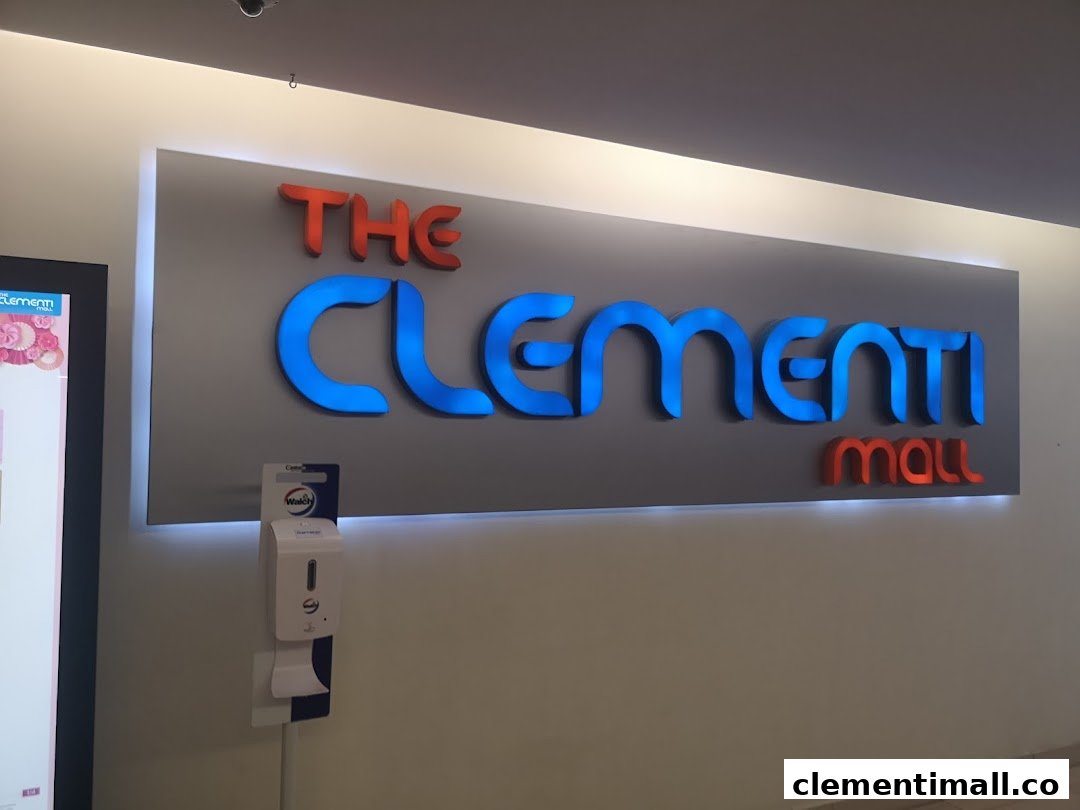 An illuminated sign for 'The Clementi Mall' with a hand sanitizer dispenser below.