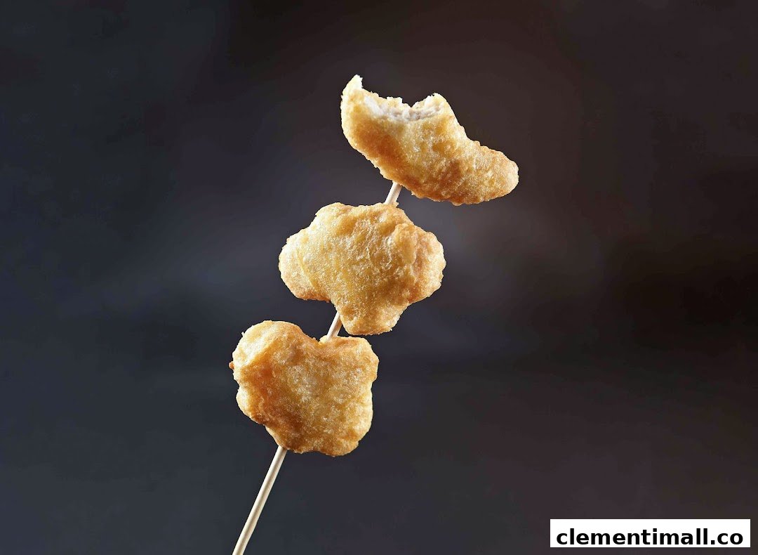 Three golden-brown fried snacks, possibly chicken nuggets, on a skewer against a dark background.