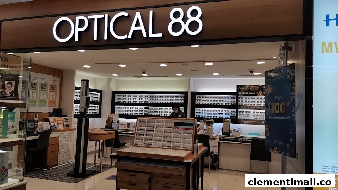 The brightly lit entrance of Optical 88, showcasing numerous eyewear displays and a welcoming interior.