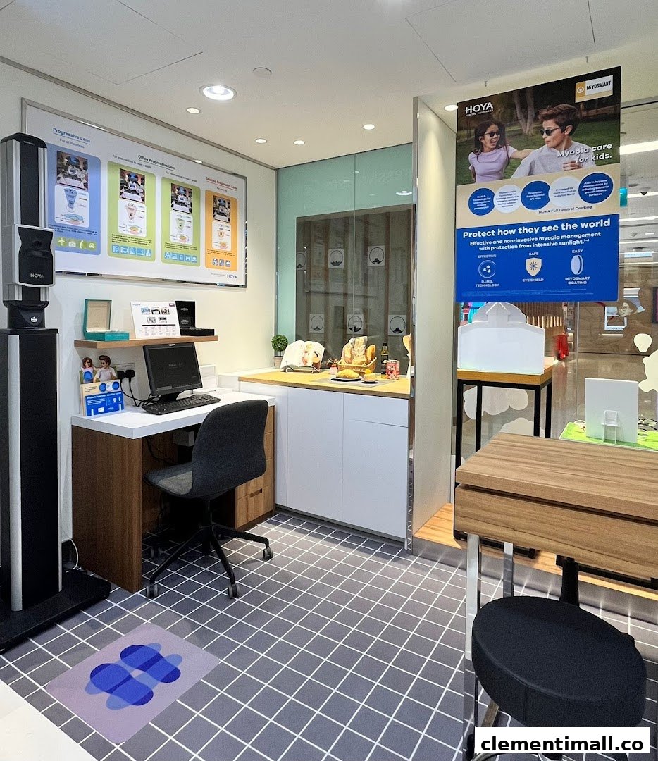 An interior view of Optical 88, featuring a consultation desk, eye examination equipment, and display posters.