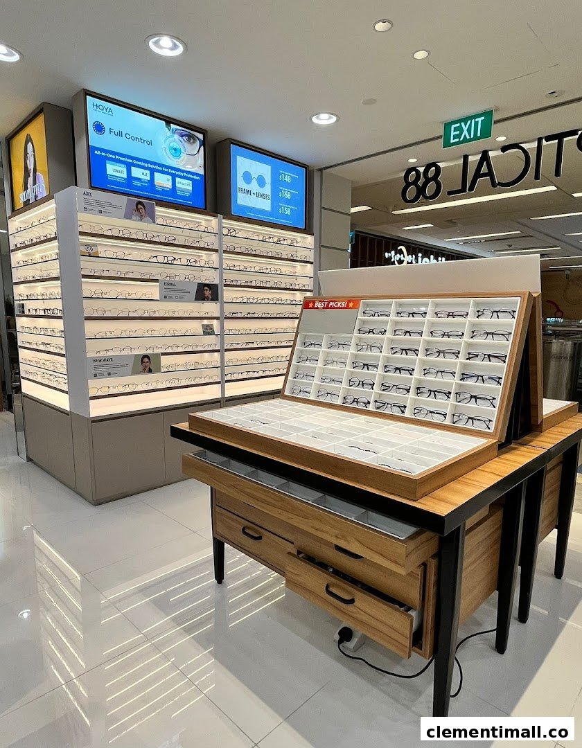 Interior view of Optical 88, showcasing a wide selection of eyeglasses on modern display units.