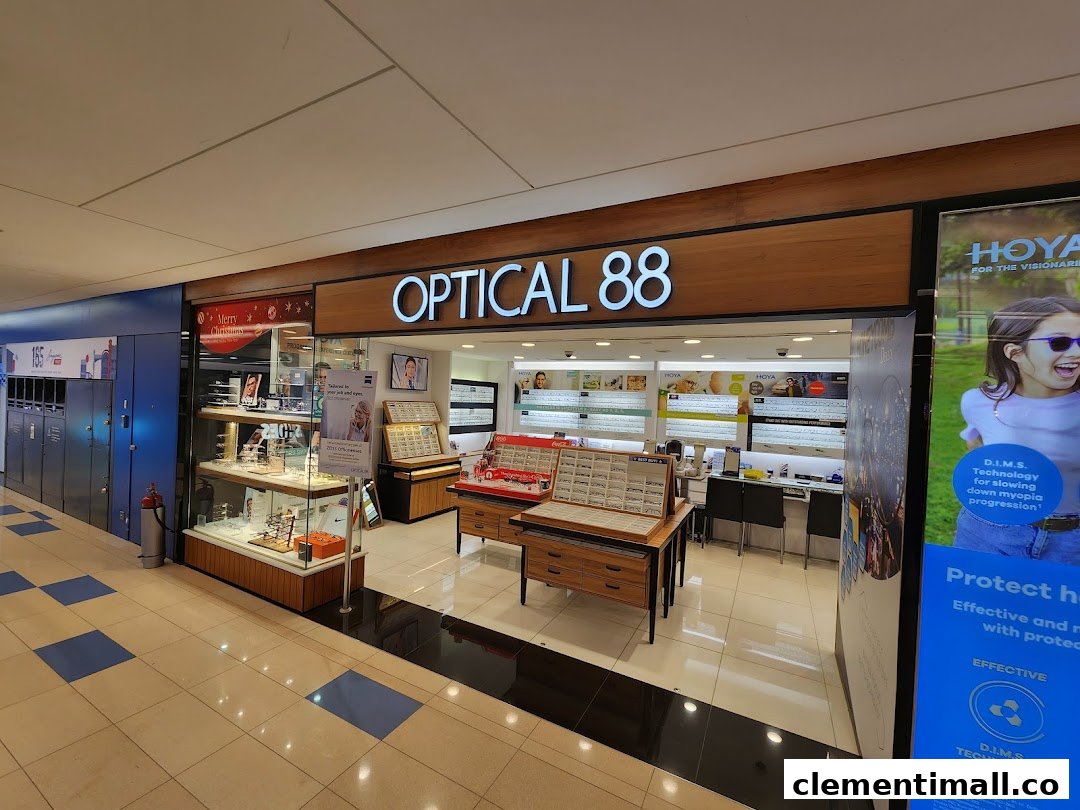 The storefront of Optical 88, showcasing its bright interior, eyewear displays, and prominent signage.