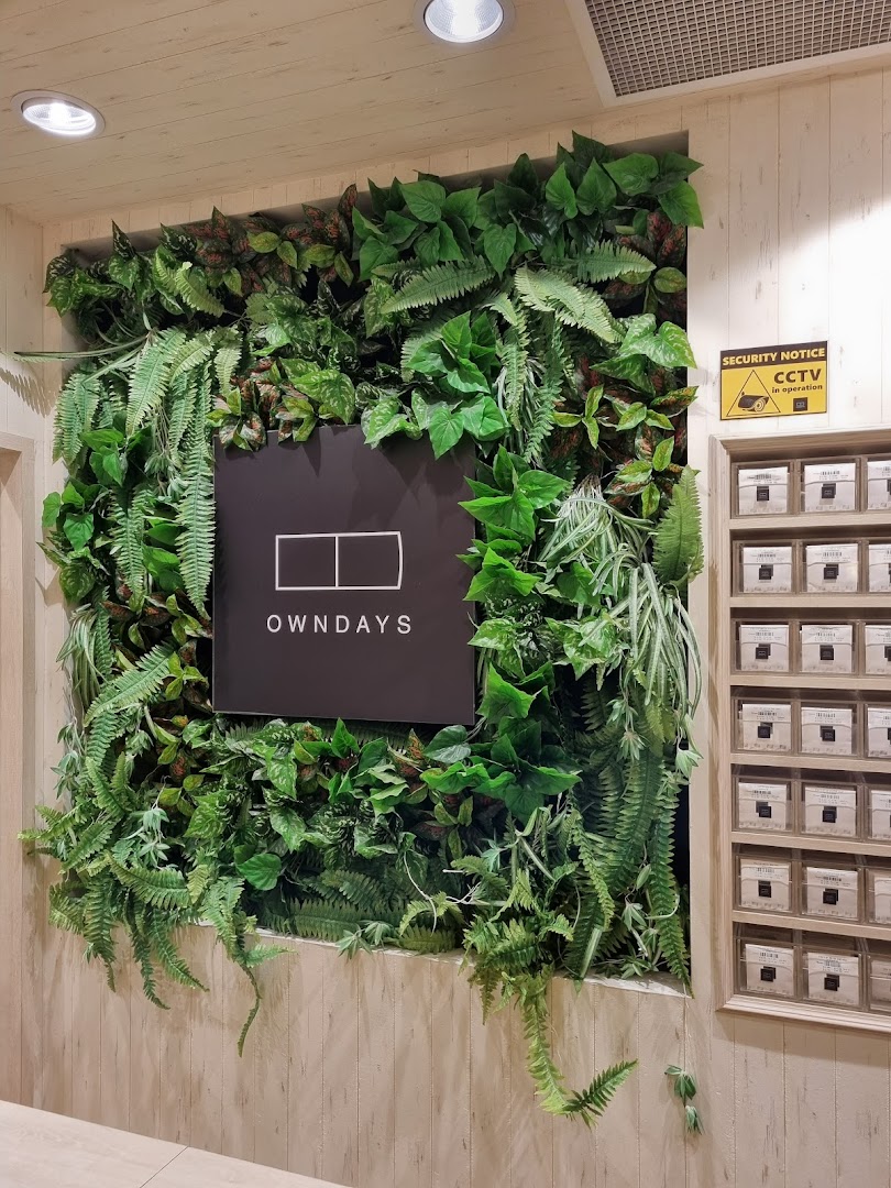 A stylish wall display featuring the OWNDAYS logo amidst lush artificial greenery.