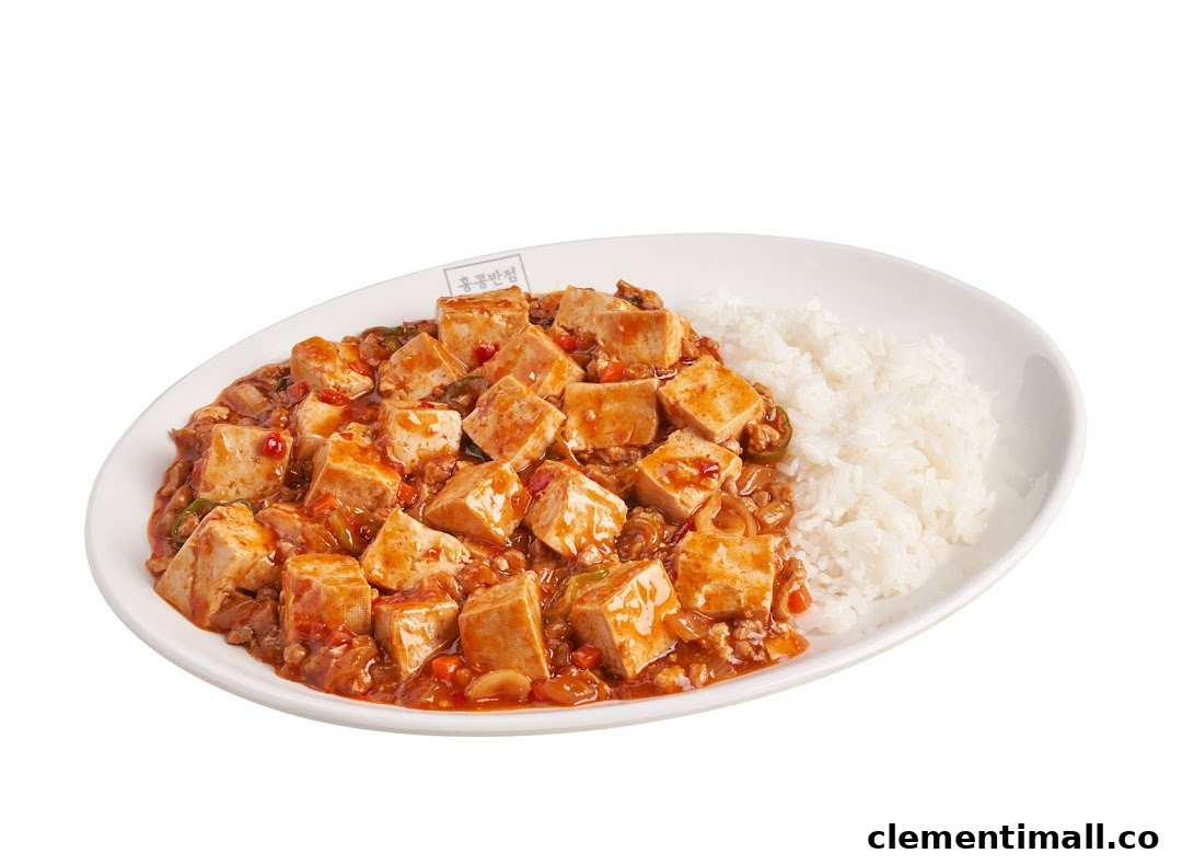 A white oval plate features a generous serving of spicy Mapo Tofu with white rice.