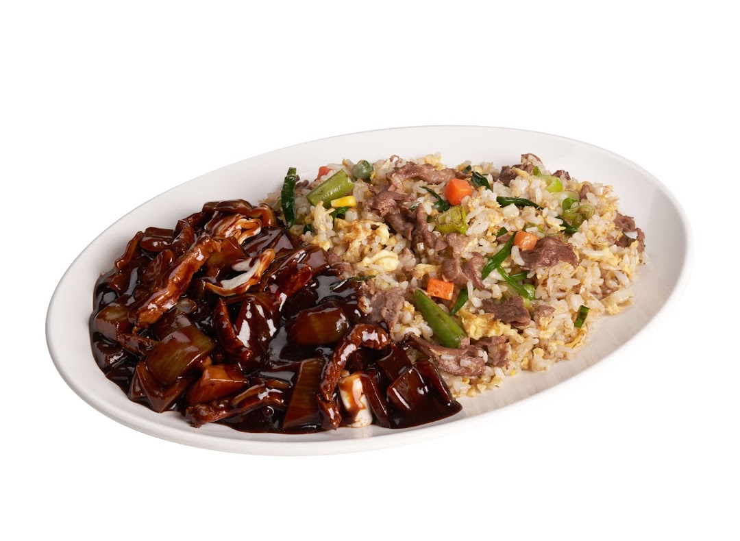 A plate featuring a dark saucy dish with meat and vegetables alongside beef fried rice.
