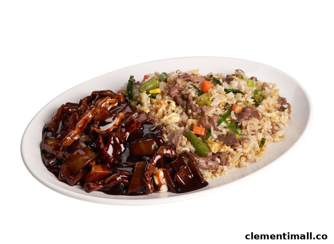 A plate featuring a dark saucy dish with meat and vegetables alongside beef fried rice.