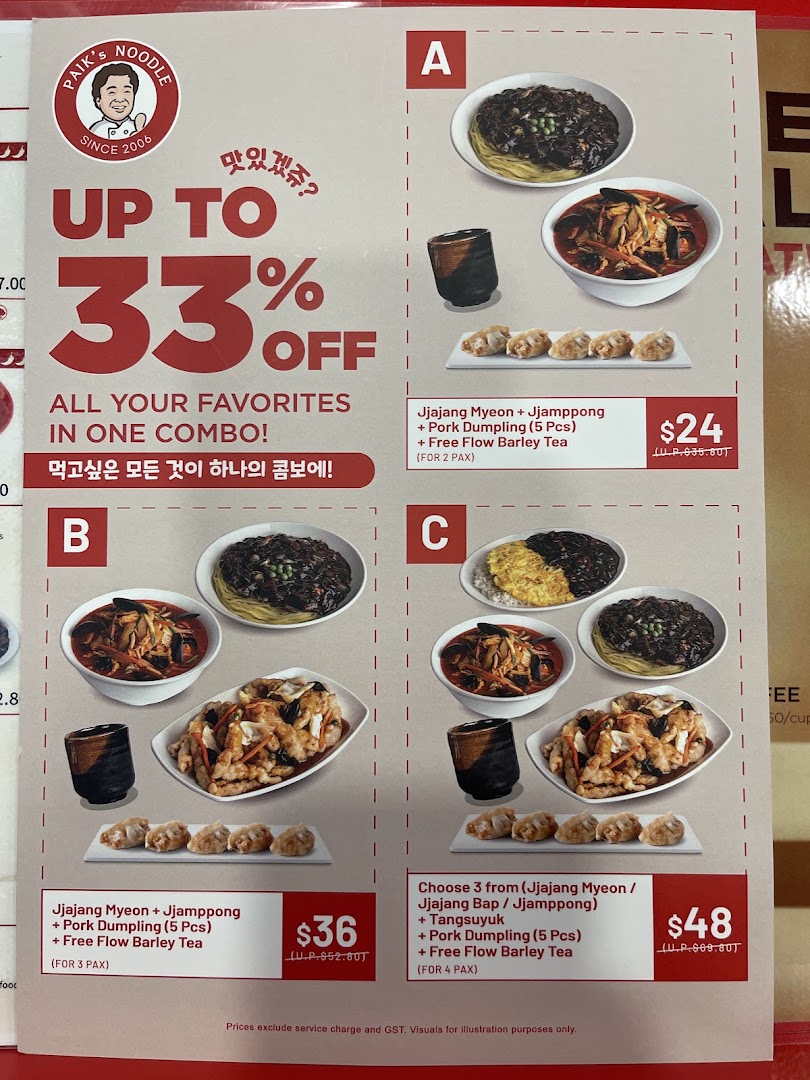 A menu board displaying combo deals for Paik's Noodle, featuring Jjajang Myeon, Jjamppong, and dumplings.