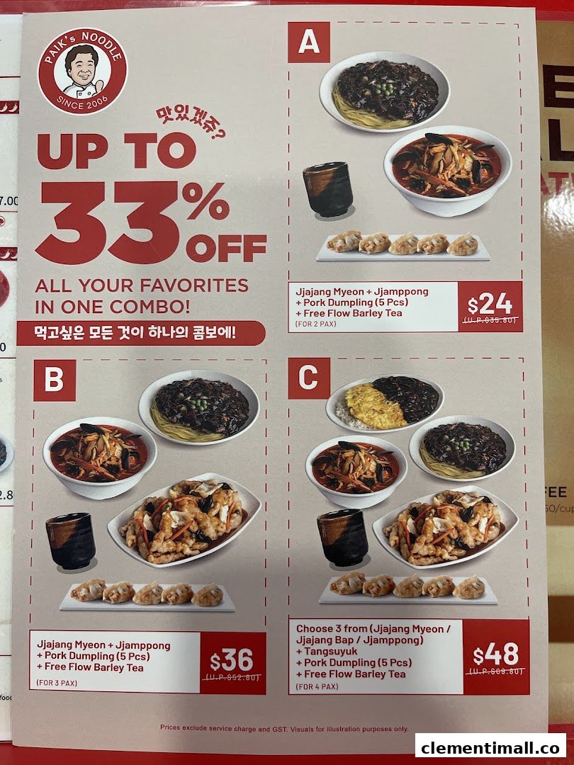 A menu board displaying combo deals for Paik's Noodle, featuring Jjajang Myeon, Jjamppong, and dumplings.