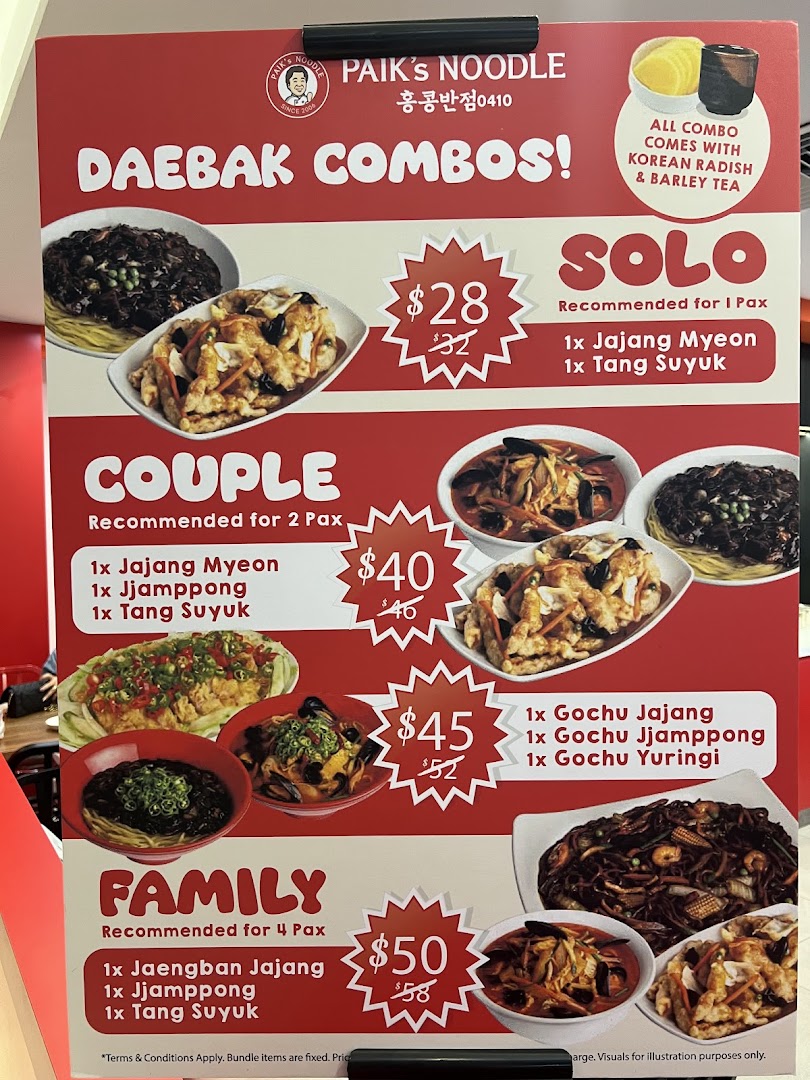 A vibrant menu board showcasing Paik's Noodle's 'Daebak Combos' with Korean dishes and discounted prices.