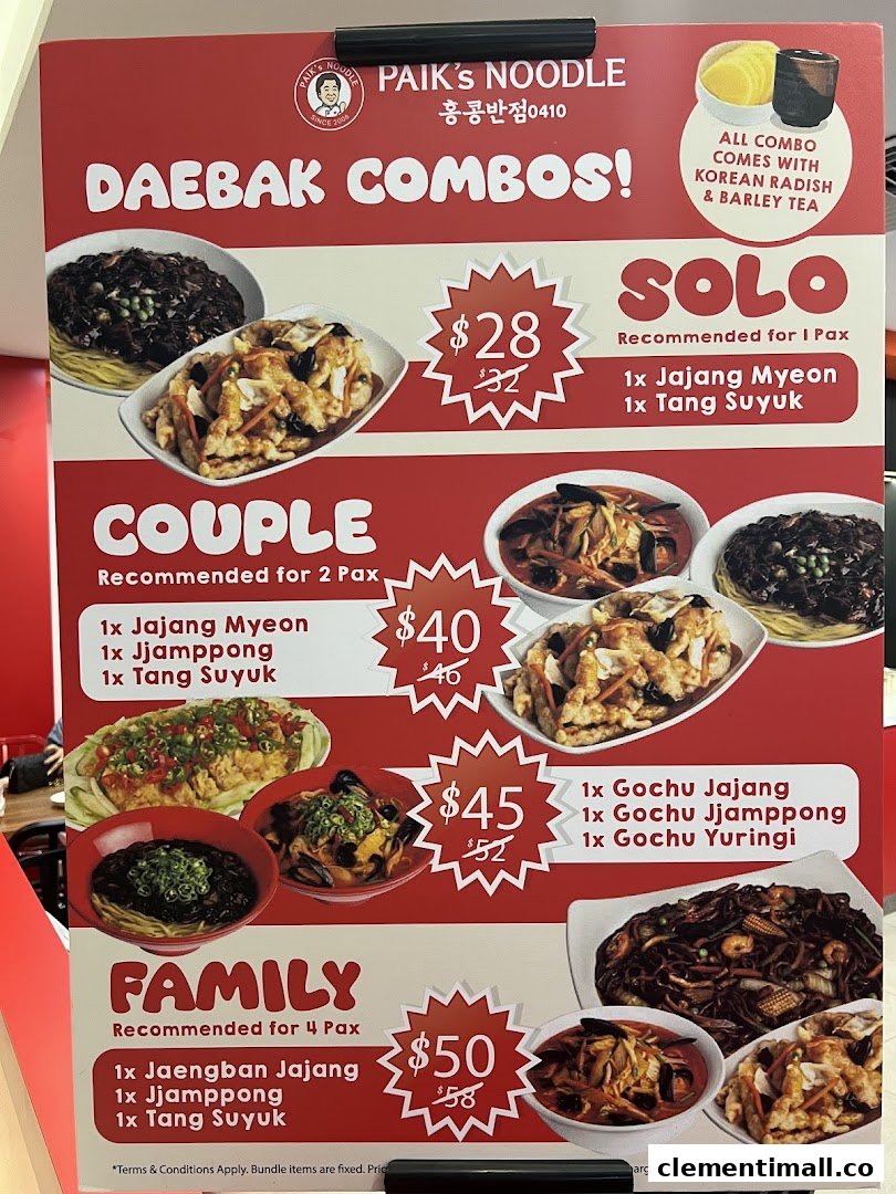 A vibrant menu board showcasing Paik's Noodle's 'Daebak Combos' with Korean dishes and discounted prices.