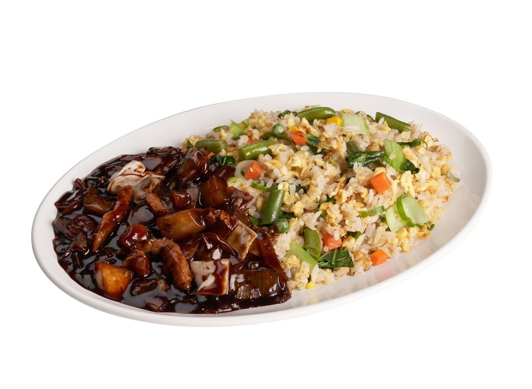 A white oval plate featuring a split dish of dark saucy noodles/meat and colorful vegetable fried rice.