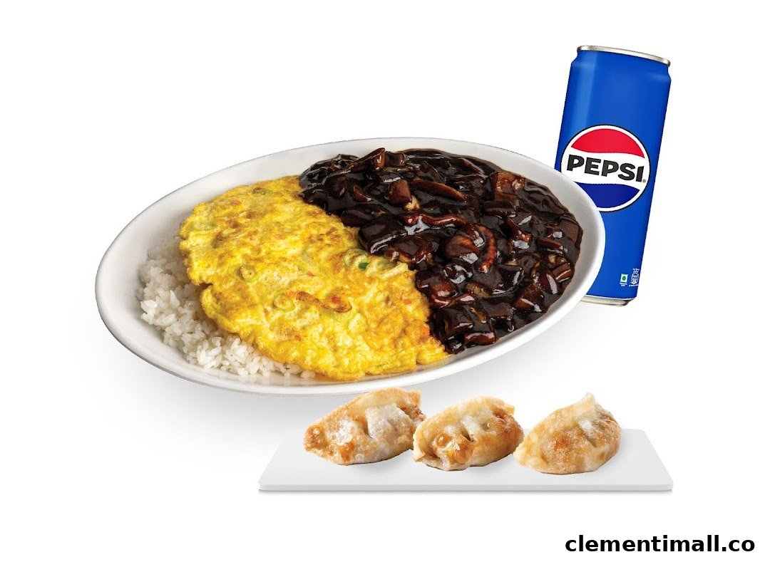 A Korean meal set featuring rice, omelette, black bean sauce, fried dumplings, and a Pepsi can.