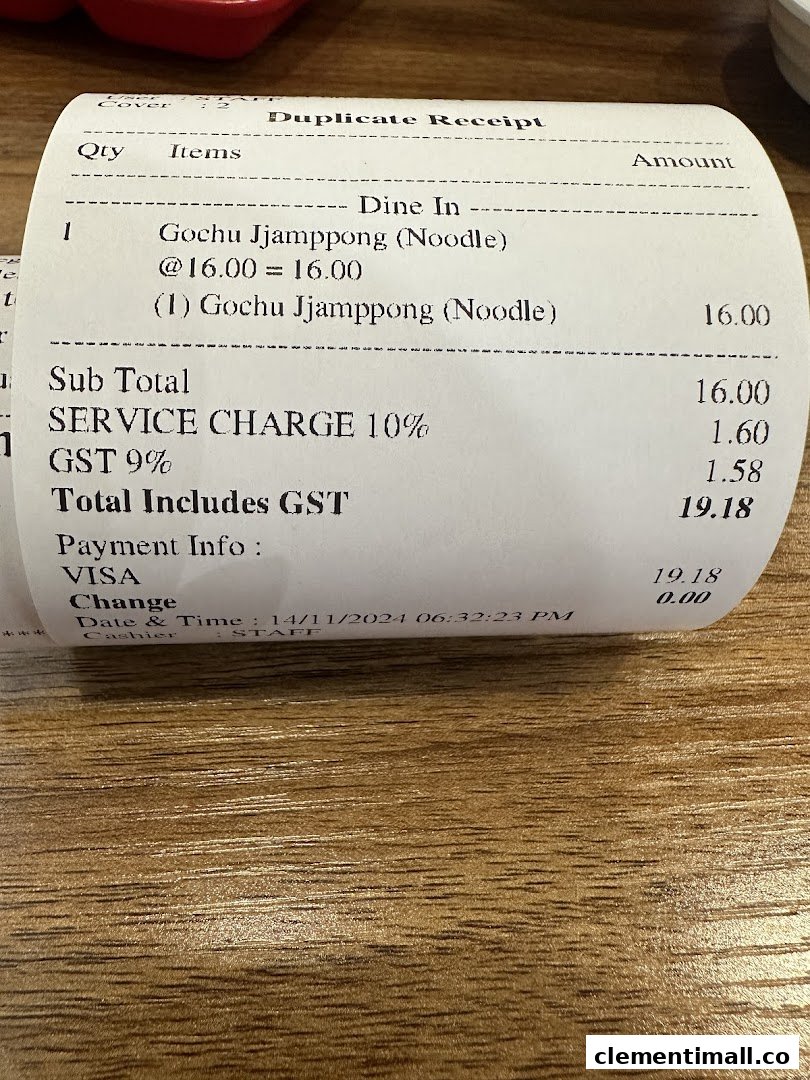 A duplicate receipt from Paiks Noodle showing a single order of Gochu Jjamppong (Noodle) with total cost.