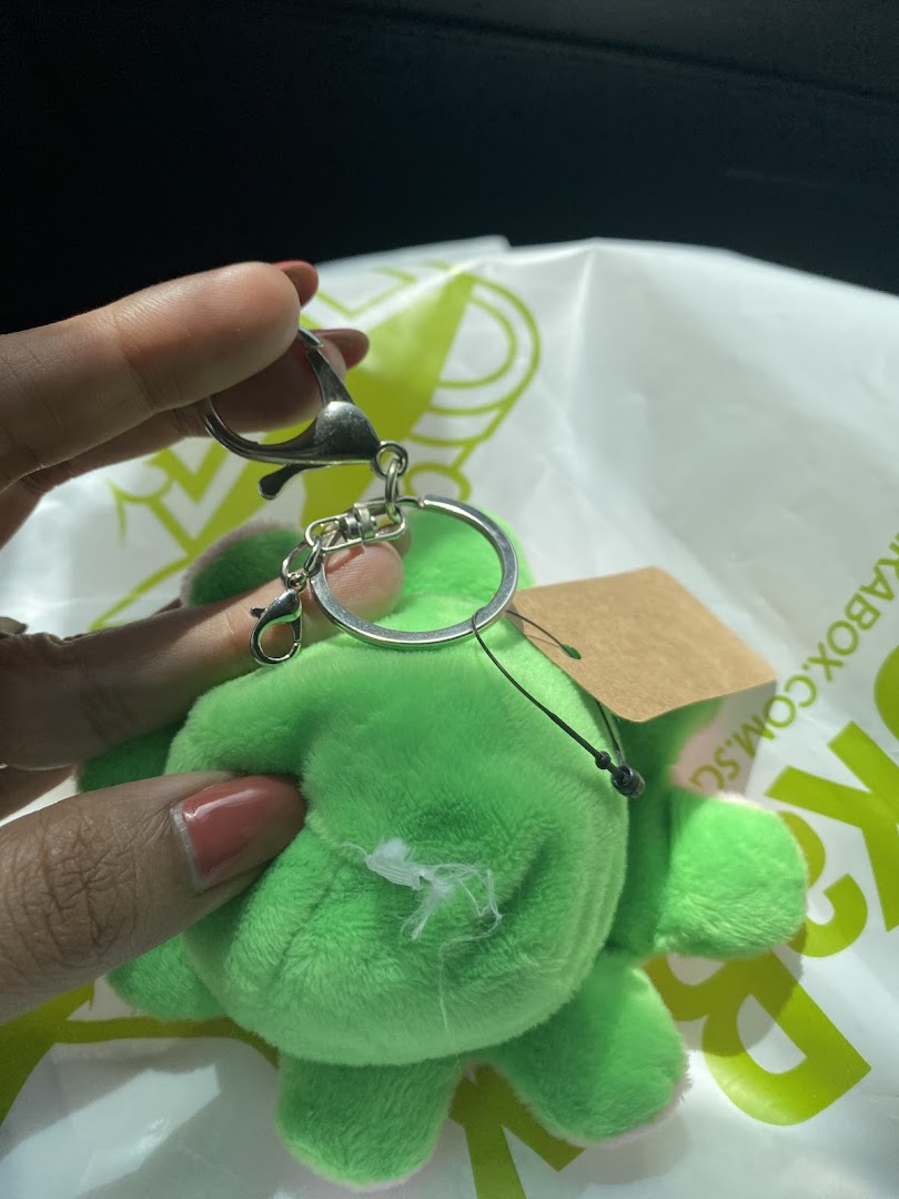 A hand holds a green plush keychain with a tag, over a Peek a Box shopping bag.