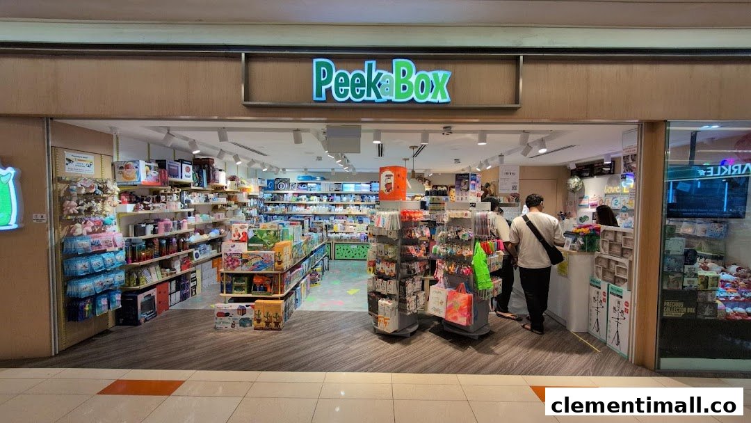 The vibrant storefront of Peek a Box, a retail shop offering a wide array of gifts and novelty items.
