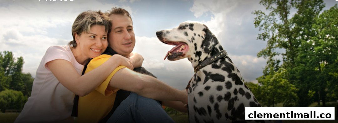 A happy couple embracing their Dalmatian dog outdoors, symbolizing pet companionship.