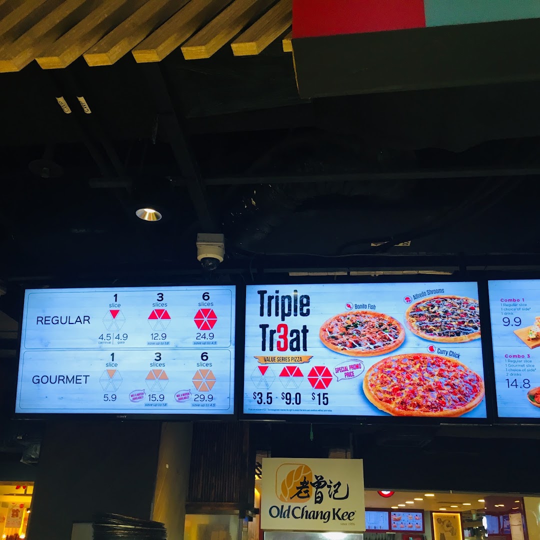 Digital menu boards displaying pizza slices, combos, and value series options with prices.
