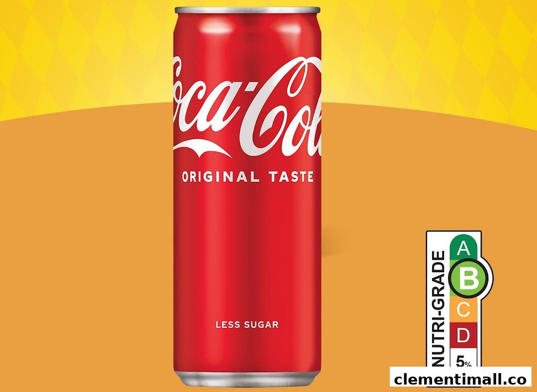 A red Coca-Cola Original Taste can with 'Less Sugar' and Nutri-Grade B label.
