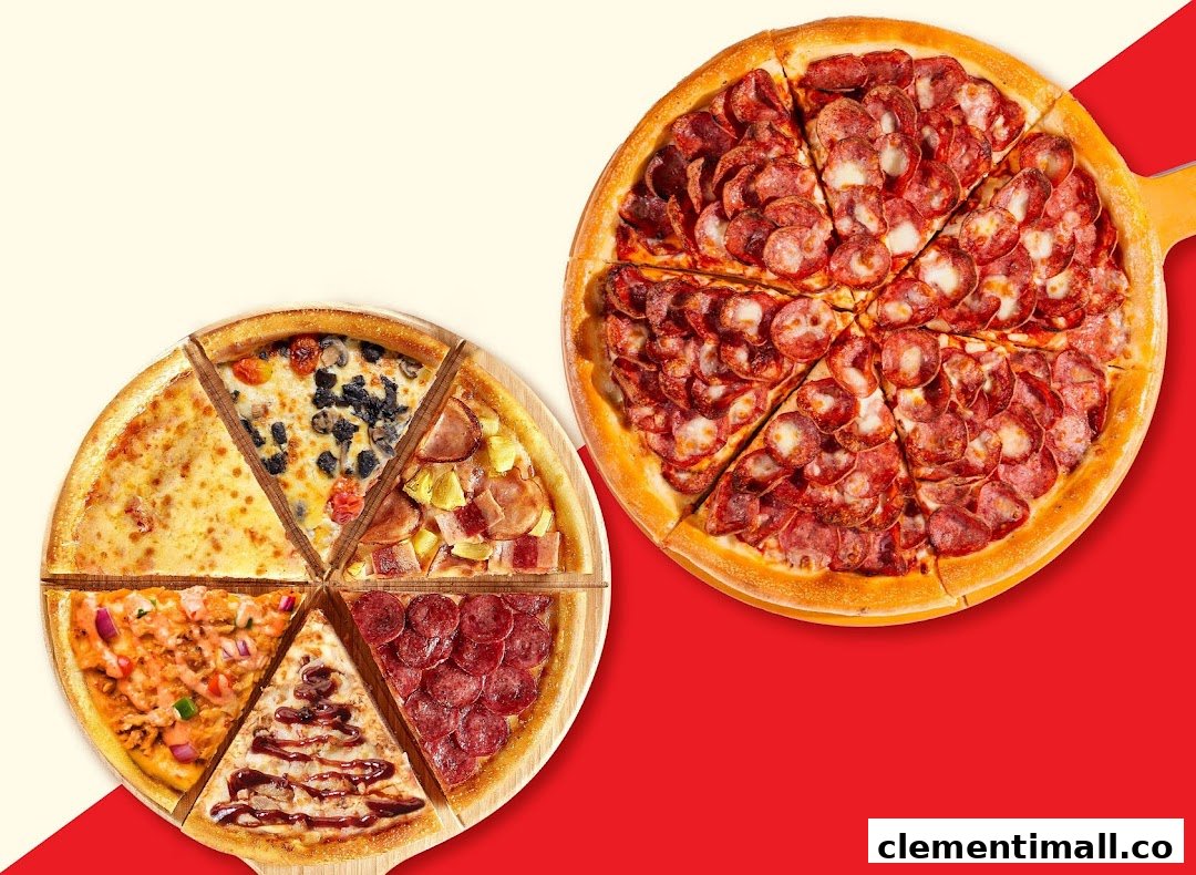 Two delicious pizzas, one with multiple flavors and another loaded with pepperoni, on a vibrant background.