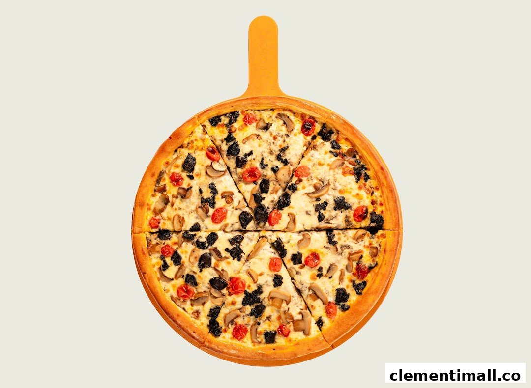 A delicious pizza with mushrooms, olives, and cherry tomatoes on a pizza peel.