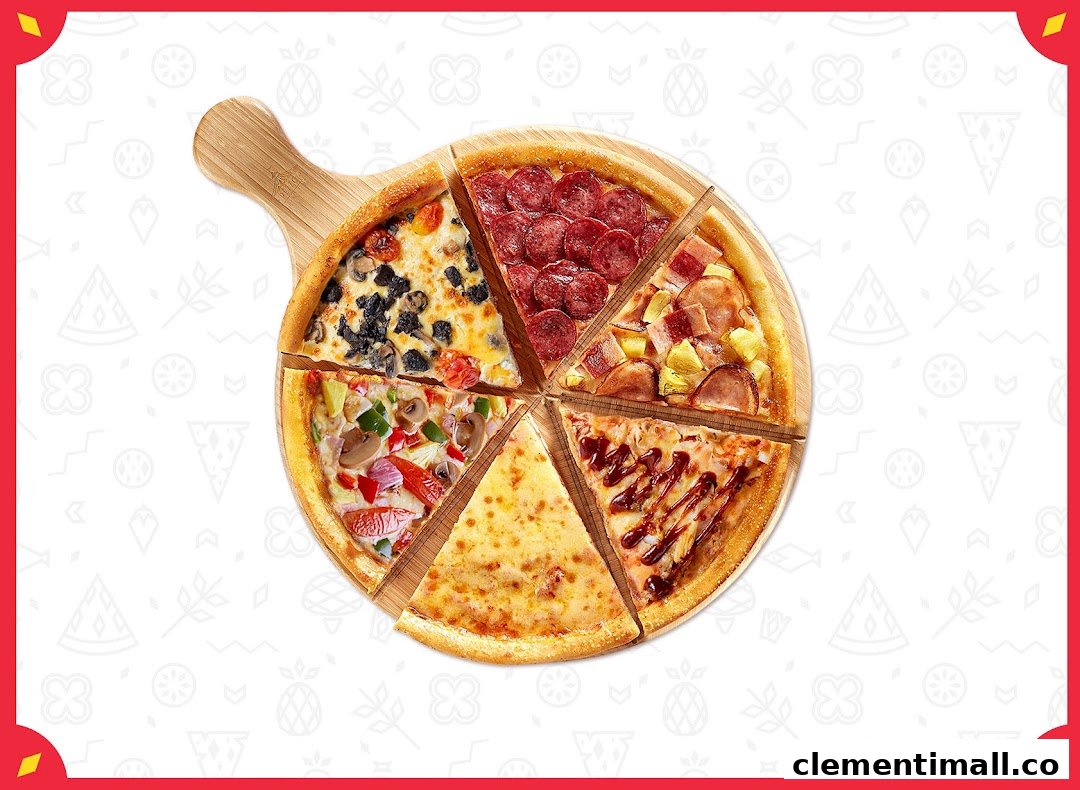 A large pizza on a wooden board, cut into six slices, each with a different topping.