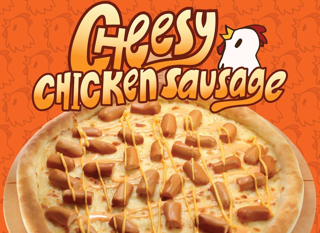 A close-up of a Pezzo pizza featuring cheesy chicken sausage toppings on an orange background.