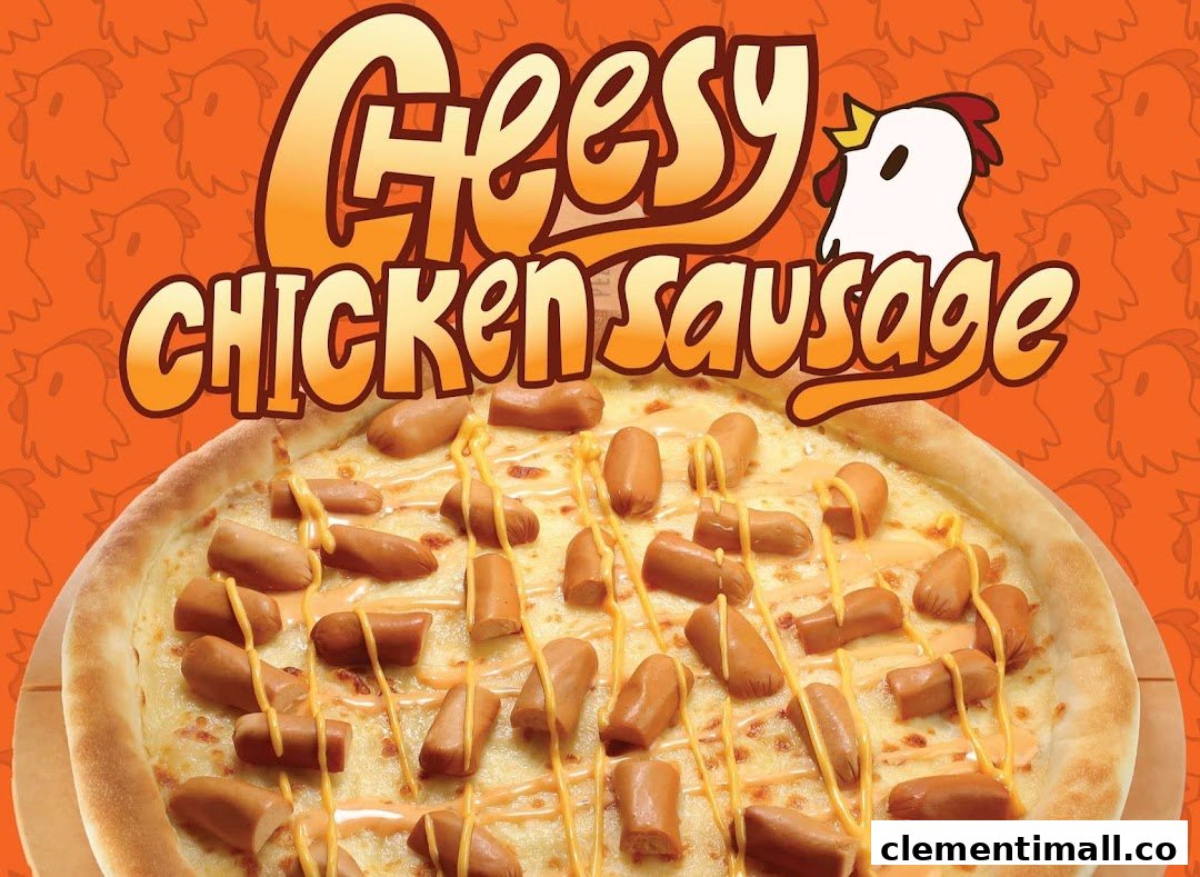 A close-up of a Pezzo pizza featuring cheesy chicken sausage toppings on an orange background.