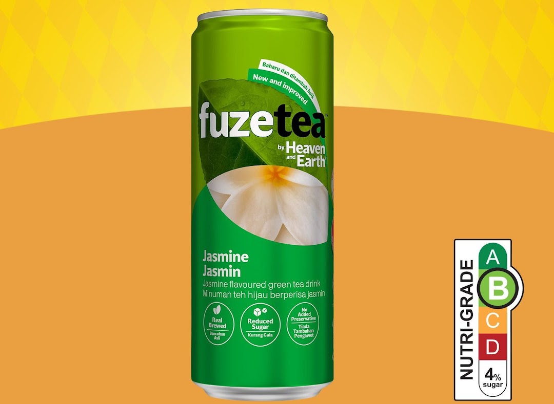 A green can of Fuze Tea Jasmine flavoured green tea drink with a Nutri-Grade B label.