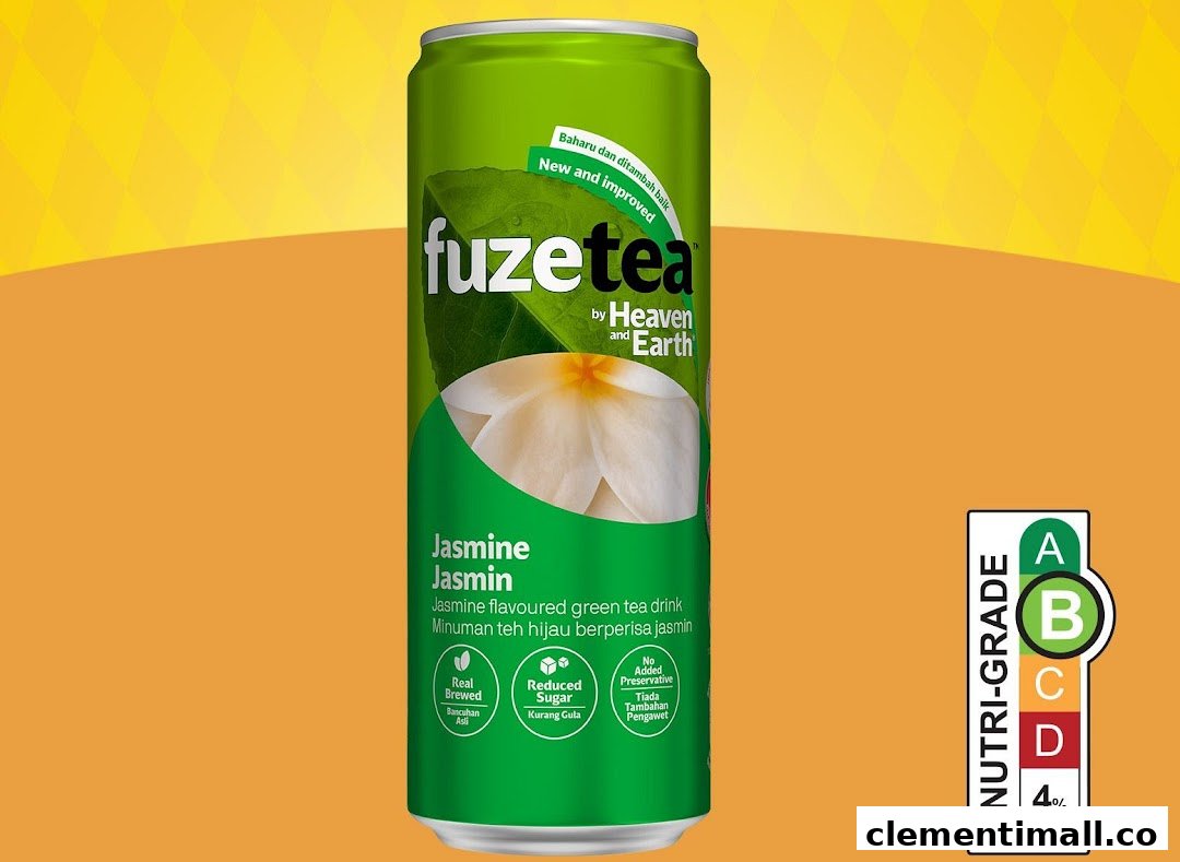 A green can of Fuze Tea Jasmine flavoured green tea drink with a Nutri-Grade B label.