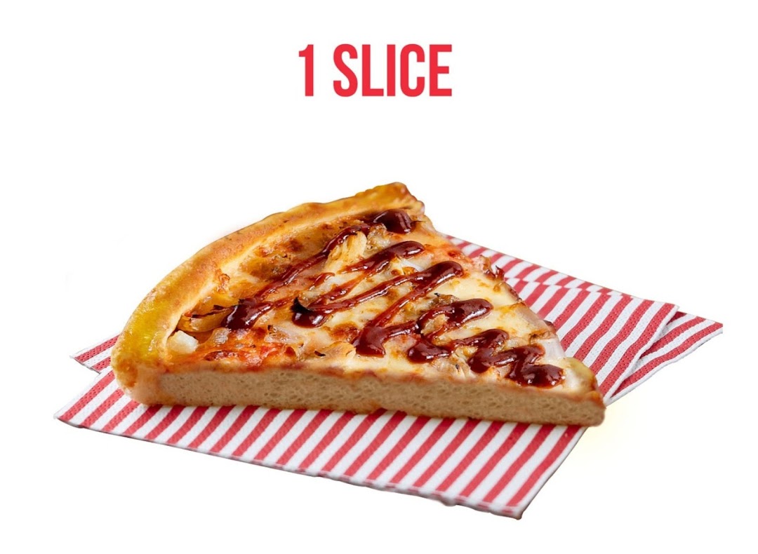 A single slice of pizza with BBQ sauce drizzle on a red and white striped napkin.